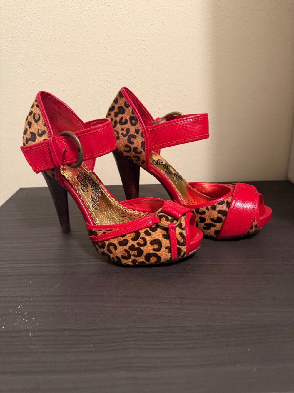 Naughty Monkey Red & Leopard Print Platform Heels - Sz 6.5